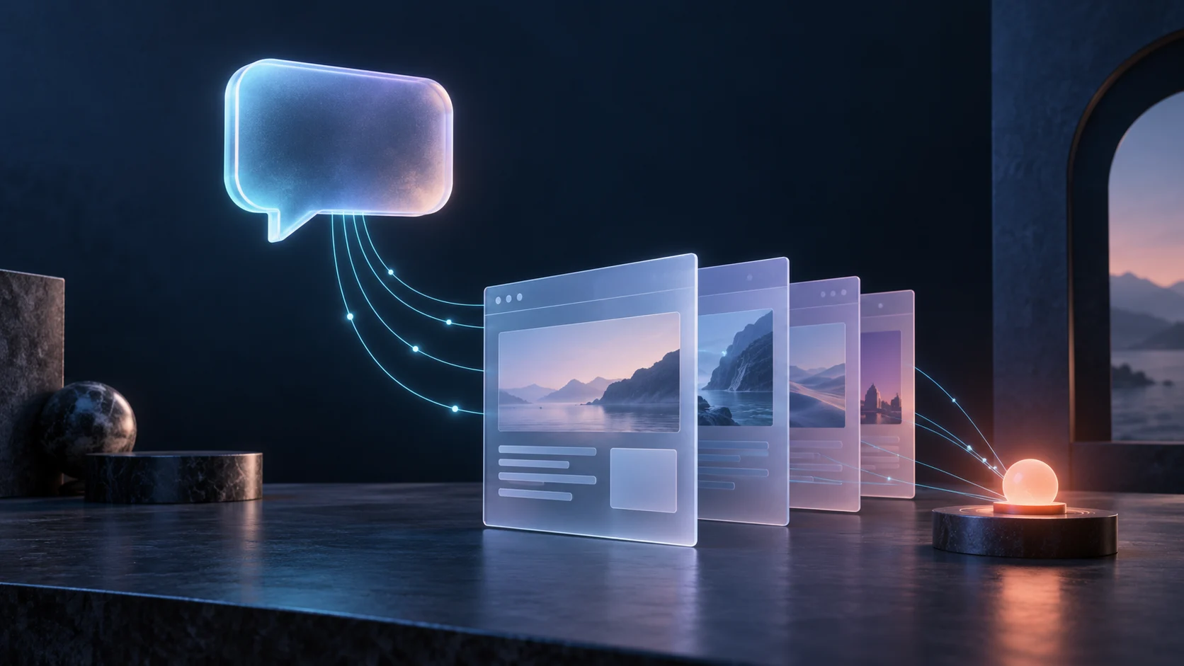 A glowing glass conversation bubble connected to a stack of web pages